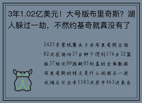 3年1.02亿美元！大号版布里奇斯？湖人躲过一劫，不然约基奇就真没有了