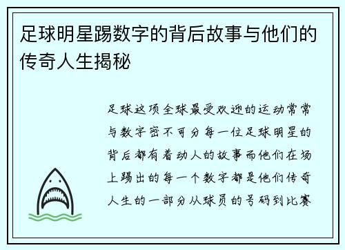足球明星踢数字的背后故事与他们的传奇人生揭秘